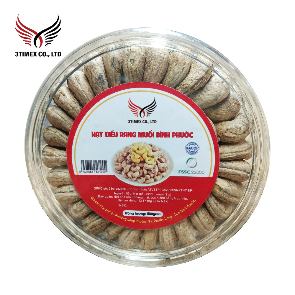 Hạt điều Bình Phước rang muối nguyên vỏ lụa hộp Mica tròn