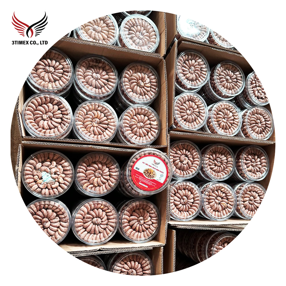 Hạt điều Bình Phước rang muối nguyên vỏ lụa hộp Mica tròn