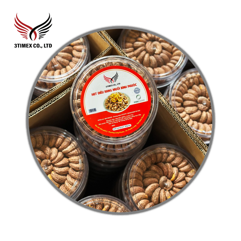 Hạt điều Bình Phước rang muối nguyên vỏ lụa hộp Mica tròn