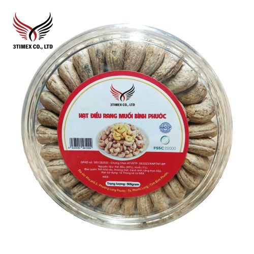 Hạt điều Bình Phước rang muối nguyên vỏ lụa hộp Mica tròn